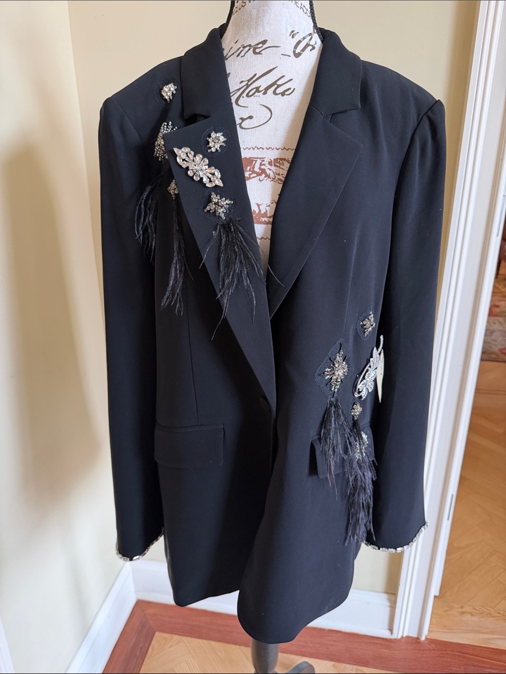 cinq a sept Black Feather & Crystal Embellished Blazer